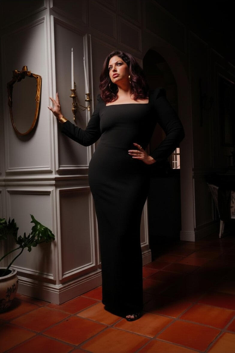 Leaning on Wainscoting Moody high-fashion portrait of a woman in a long-sleeve black gown leaning against white French paneled walls next to a gold mirror.